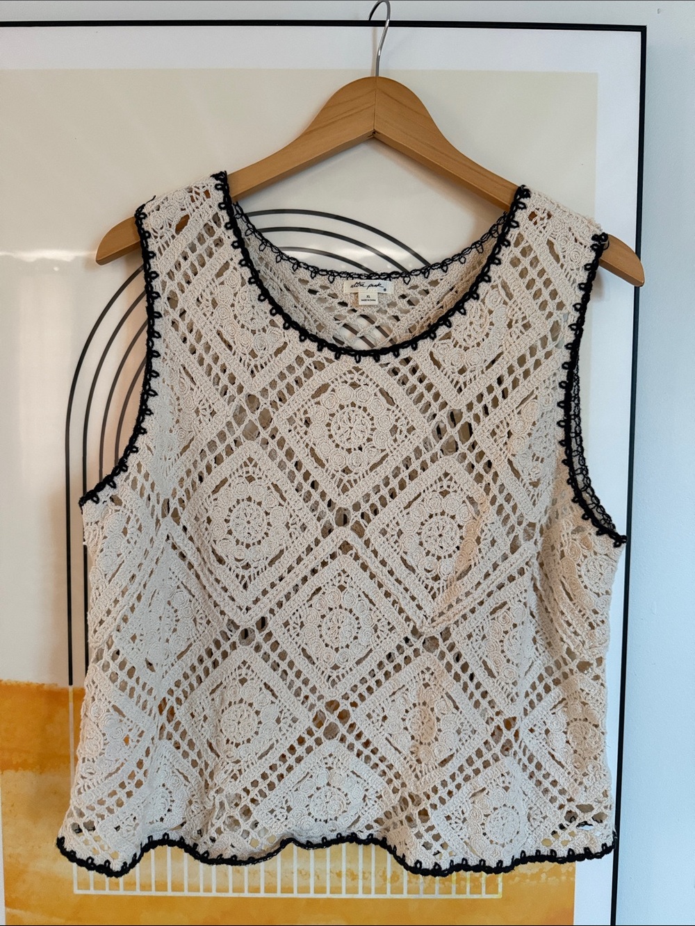 Ultra Pink Cream Crochet Lace Tank Top with Black Trim